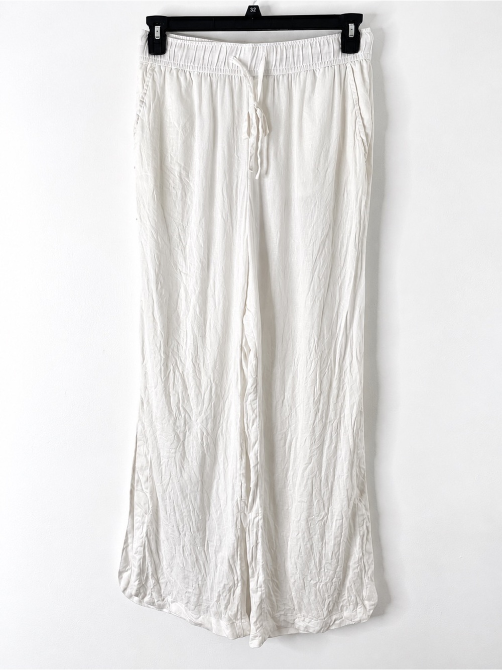 C&C California White Linen Blend Wide Leg Pants Side Slit Drawstring